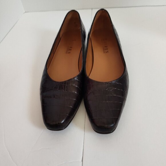 Ladies SZ 6B Lauren Ralph Lauren Brown Faux Croc Leather Flats - Picture 1 of 4